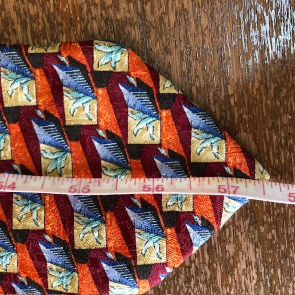 ERMENEGILDO ZEGNA Silk Leaf Geo Block Orange Blue Red Tie - Picture 12 of 15